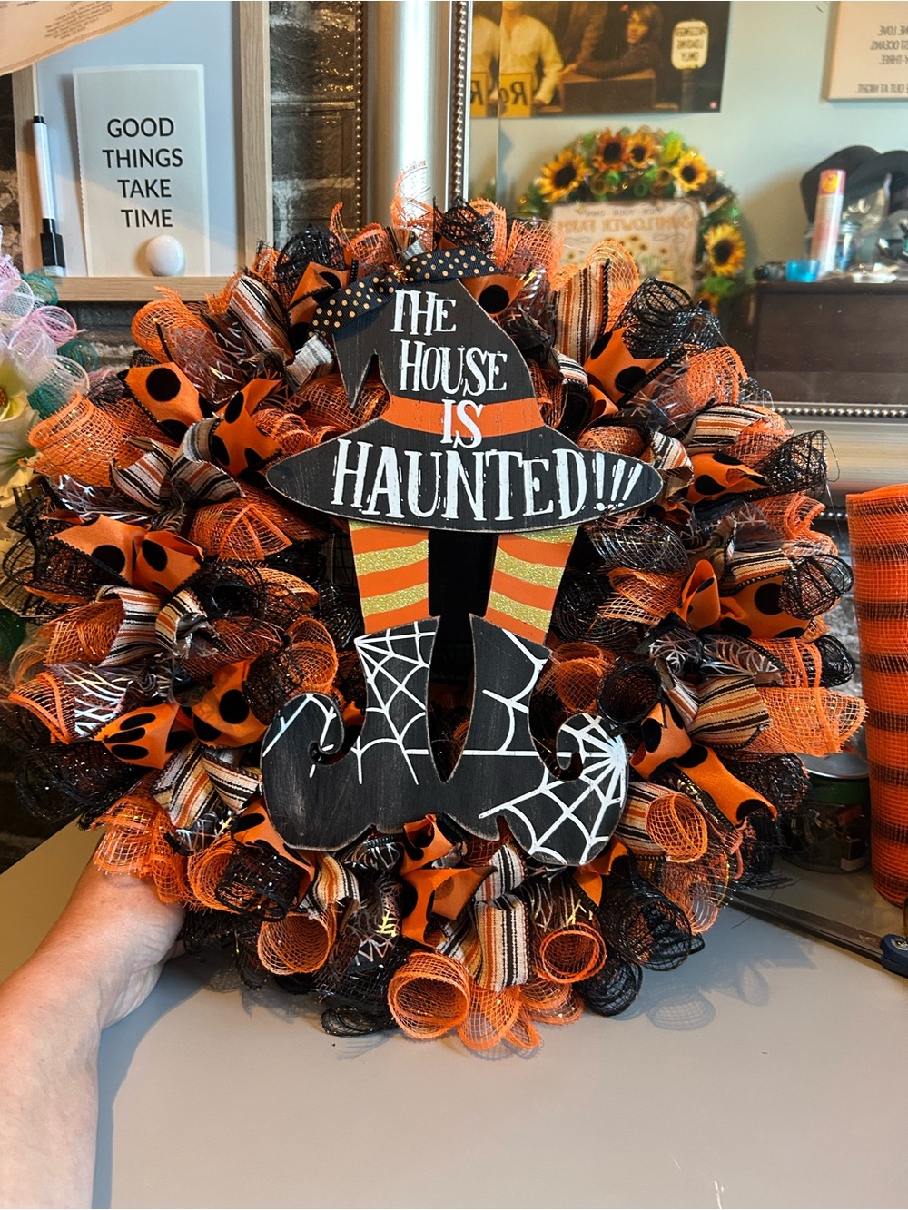 Hand Crafted Orange and Black 'The House Is Haunted' Halloween Wreath